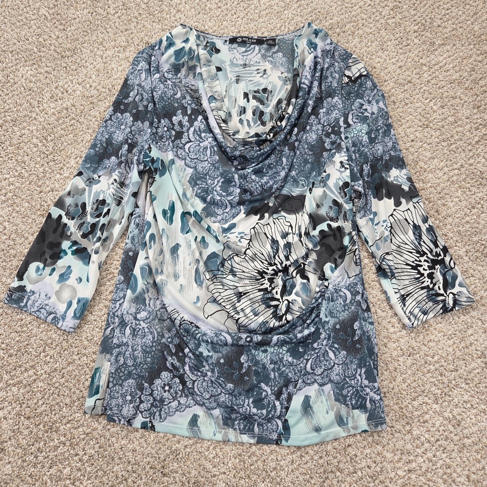 Milano Floral Leopard Blouse Size PM Draped Cowl Neck Ruched 3/4 Sleeve Blue Top